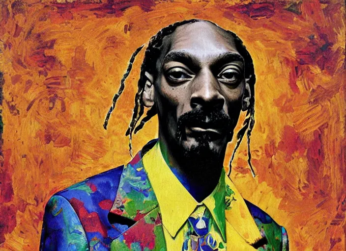 Prompt: a full impasto portrait of snoop dogg, by max ernst