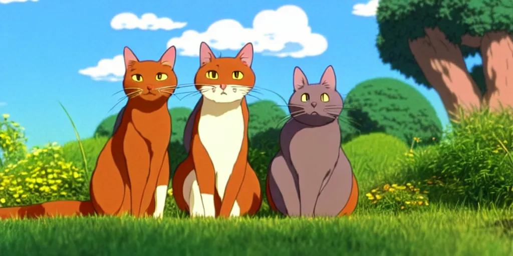 Image similar to a wholesome animation key shot of a brown cat and a grey cat napping in the sun studio ghibli pixar and disney animation sharp render