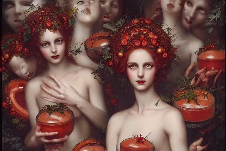 Image similar to the goddess of canned tomato paste surrounded by a court of nymphs, by tom bagshaw peter kemp, beautiful highly symmetric faces