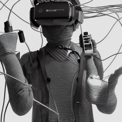 Image similar to rpg character concept art, modular synth musician patching cables, wires flying in the air, wearing a bespoke vr headset designed by demobaza, in the style of jamie hewlett hiroya oku riyoko ikeda, 3 d render, artstation trending, 8 k, octane render, photorealistic, sharp detail, manga, black and white