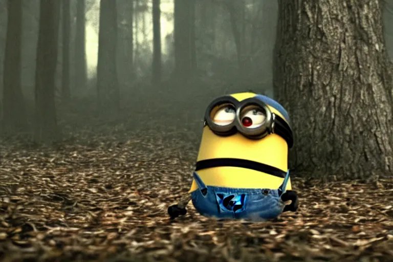 Prompt: a vhs still of a minion in blair - witch project ( 1 9 9 9 ), real life, chromatic abberation, desaturated, noise, cinematic, detailed, move still, ultra realistic face, accurate, 8 k, hd