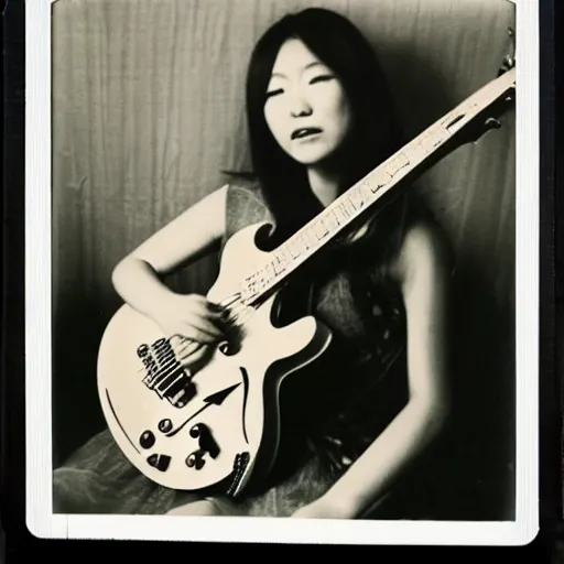 Prompt: a polaroid of a female japanese artist playing an archtop electric guitar, 1 9 7 0 s