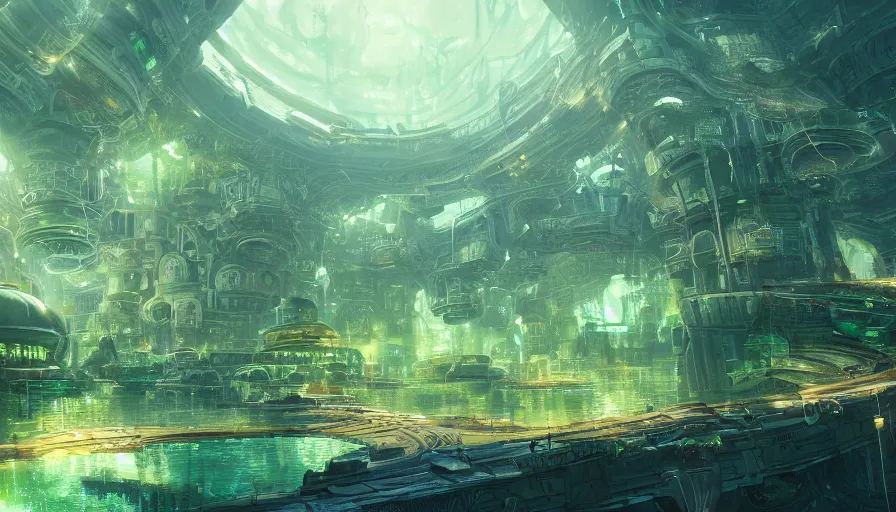 Prompt: Underwater city with a large luminous green alley and a dome on the horizon, some buildings around and highways, hyperdetailed, artstation, cgsociety, 8k