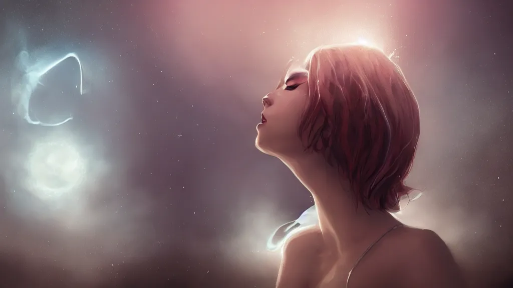 Image similar to whimsical, a beautiful playful woman, wearing professional makeup, standing in a lake, blowing smoke, under the stars, with a binary black hole with a ring in the sky, by Lois van Baarle, by Greg Rutkowski, by Steve Argyle, face enhance, volumetric lighting, 4k resolution, octane render, trending on artstation