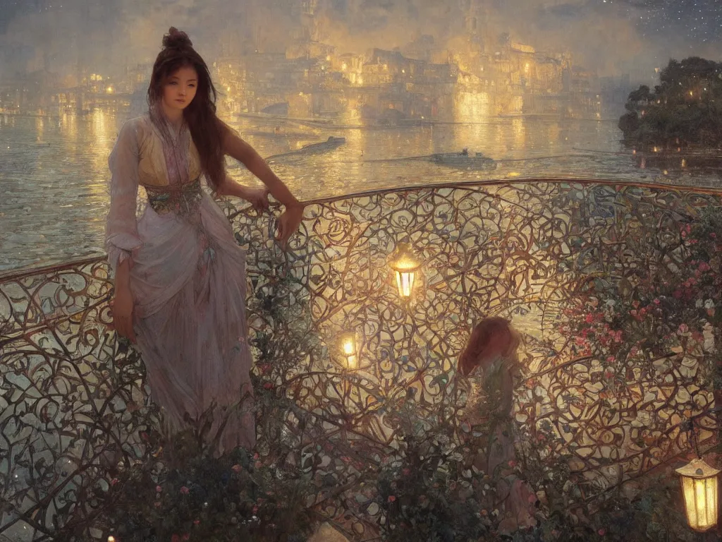 Image similar to a beautiful painting of a girl standing on a bridge, watching the view from the river of the lantern festival in a an ancient italian town, at night with a sky full of stars, intricate, elegant, highly detailed, digital painting, artstation, concept art, by krenz cushart and artem demura and alphonse mucha