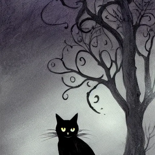 Image similar to black cat in graveyard at midnight halloween tattoo on shoulder by anton pieck, intricate, extremely detailed, digital painting, artstation concept art