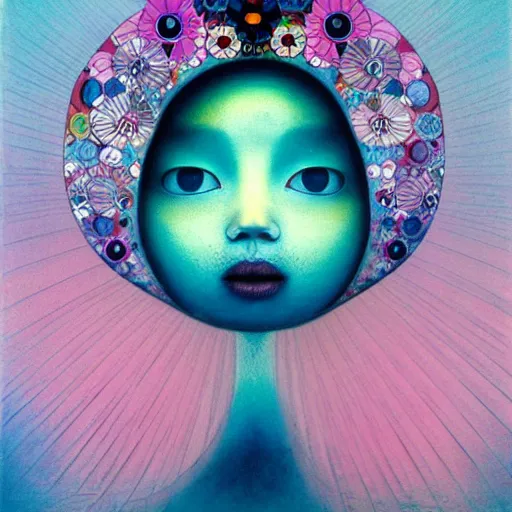 Image similar to the queen of pink by takashi murakami and zdzisław beksiński, oil on canvas, intricately detailed artwork, full 8k high quality resolution, recently just found unknown masterpiece