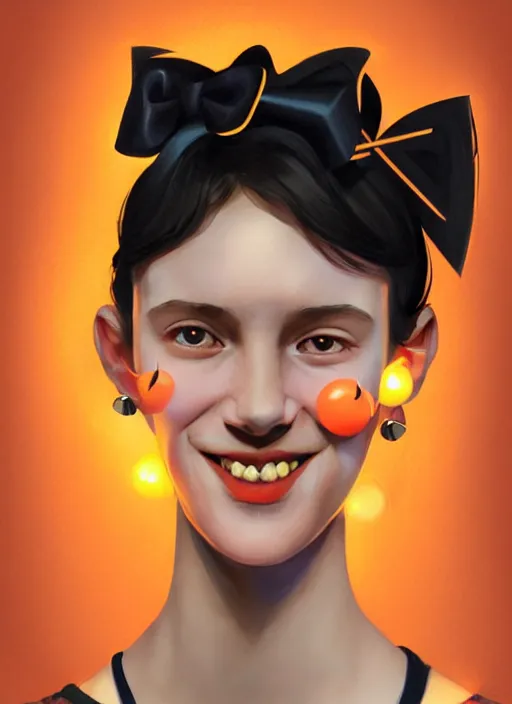 Image similar to portrait of high school girl, realistic, black hair, bangs, half updo hairstyle, pointy nose, skinny, smile, ugly, defined jawline, big chin, orange hair bow, earrings, intricate, elegant, glowing lights, highly detailed, digital painting, artstation, sharp focus, illustration, art by wlop, mars ravelo and greg rutkowski