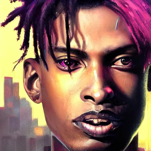 Image similar to cyberpunk, closeup portrait of a playboi carti, dramatic light, city background, sunset, dystopian setting, high contrast, sharp, neuromancer, henry dorsett case, painted by stanley lau, painted by greg rutkowski, painted by stanley artgerm, digital art, trending on artstation