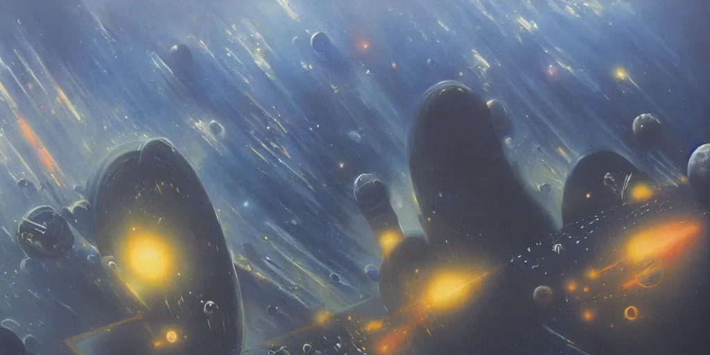 Image similar to a painting of low earth orbit space city by john harris.