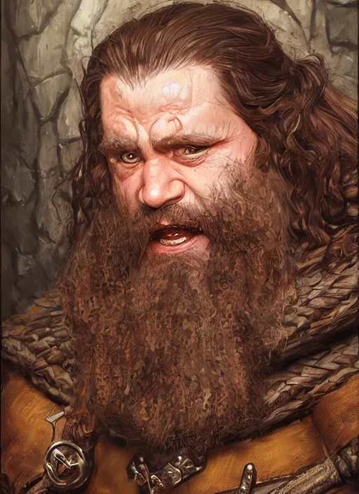 Prompt: a portrait of a gruff dwarf with brown hair, medieval attire, style by donato giancola, wayne reynolds, jeff easley dramatic light, high detail, cinematic lighting, artstation, dungeons and dragons