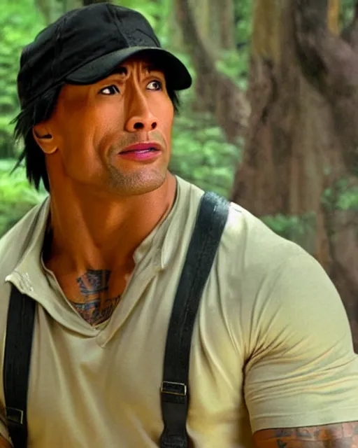 Prompt: Film still close-up shot of Dwayne Johnson as ash ketchum from the movie pokemon. Photographic, photography