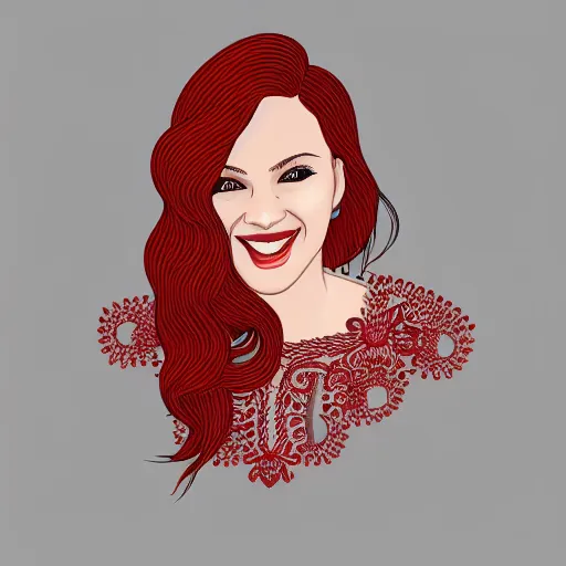 Prompt: Digital embroidery design of a beautiful young woman with red hair, smiling, clothes, Golden thread, golden details, intricate details, intricate patterns 4k, 35mm, f/1.4