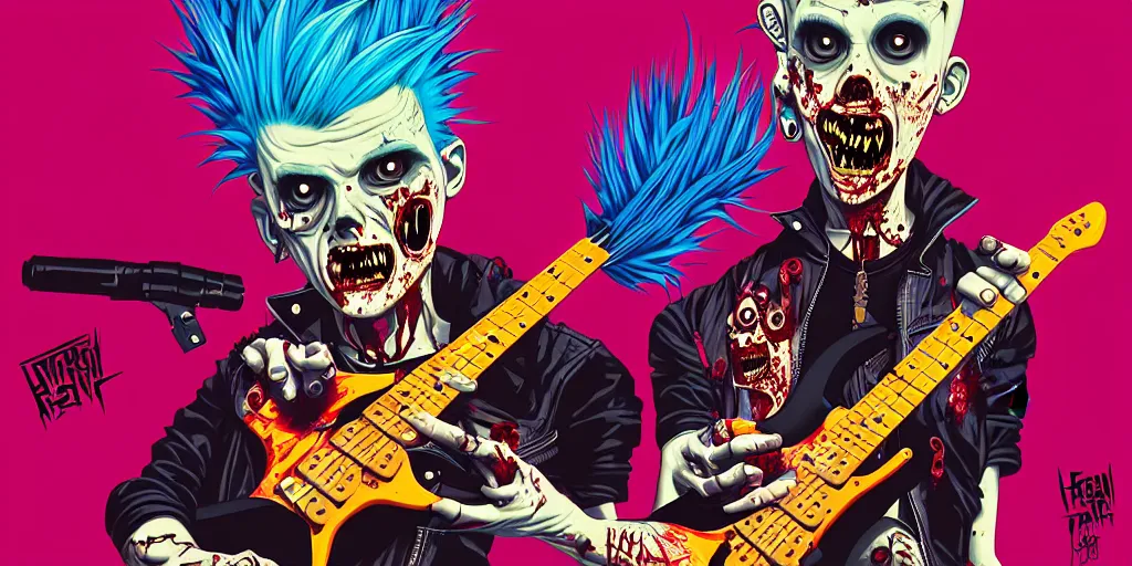 Image similar to a zombie punk rockers with a mohawk playing electric guitar and singing, tristan eaton, victo ngai, artgerm, rhads, ross draws, cinematic by francis tneh