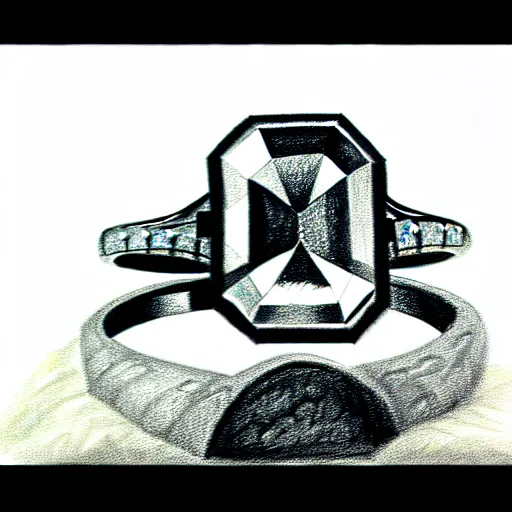 Image similar to graphite sketch of engagement ring with two smaller diamonds outside and one bigger diamond in the middle, realistic, hyper detailed, concept art, victorian, multiple angles