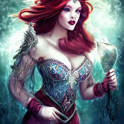 Prompt: beautiful female sorceress, ornately dressed, royalty, dungeons and Dragons, red hair, glowing eyes, realistic