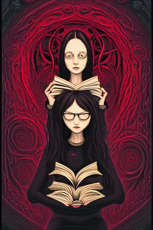 Image similar to ai illustration of romantic girl, her cat and her book of necronomicon, symmetrical, cinematic, sharp focus, 4 k, ultra hd, sense of awe, sinister demonic atmosphere, dreadful, forbidden knowledge, old gods, cthulhu, yog - sothoth! yah, yah, yah! cultist journal cover