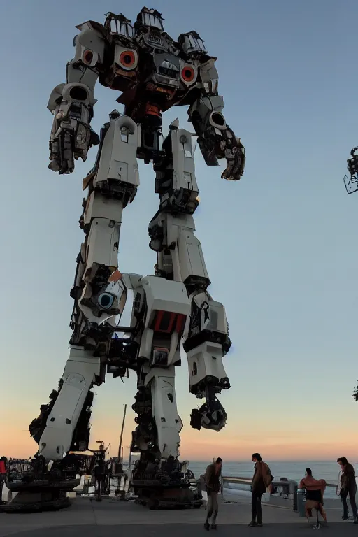 Image similar to cinematography of giant Mech on Santa Monica peer By Emmanuel Lubezki