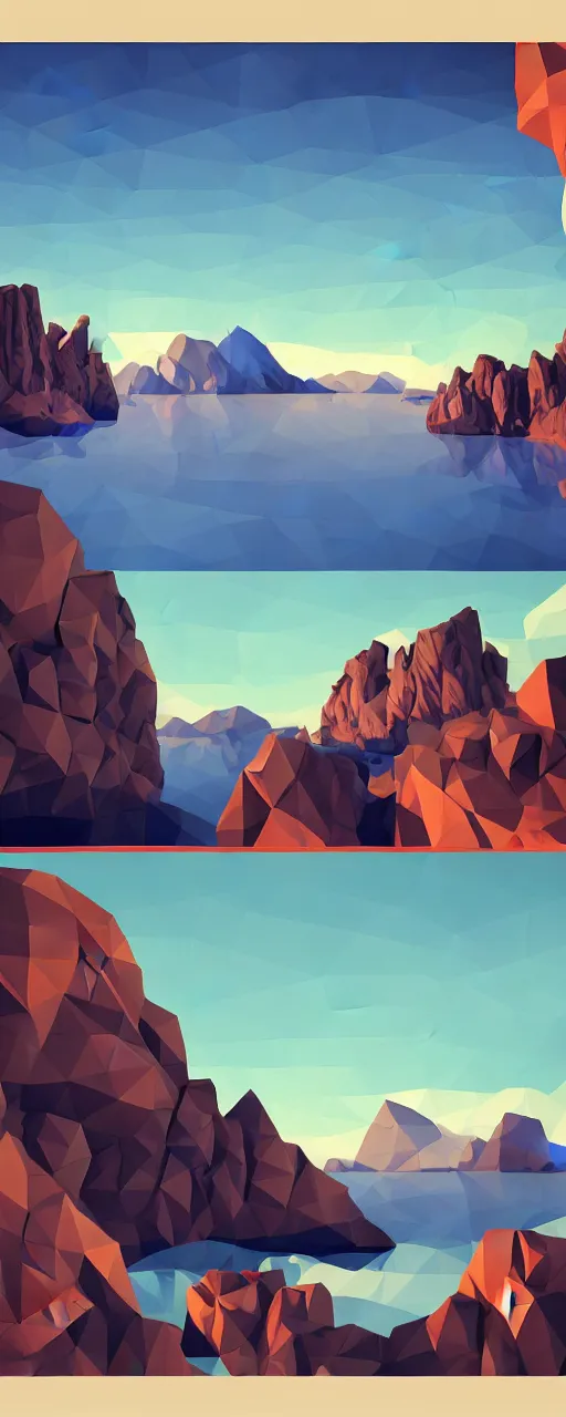 Image similar to super detailed color cutout lowpoly art, northern sunset with rocks on front, monochrome photorealistic bay in the middle of perspective and mountains at background, big graphic vessel in the middle of composition, unreal engine, high contrast color palette, 3 d render, lowpoly, colorful, digital art, perspective, full volume composition, robb cobb, robert mccall, syd mead