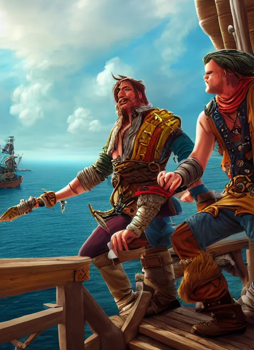 Image similar to an epic fantasy comic book style portrait painting of two bumbling idiot sky - pirates on the deck of a skyship looking at a chest, unreal 5, daz, hyperrealistic, octane render, cosplay, rpg portrait, dynamic lighting, very detailed faces