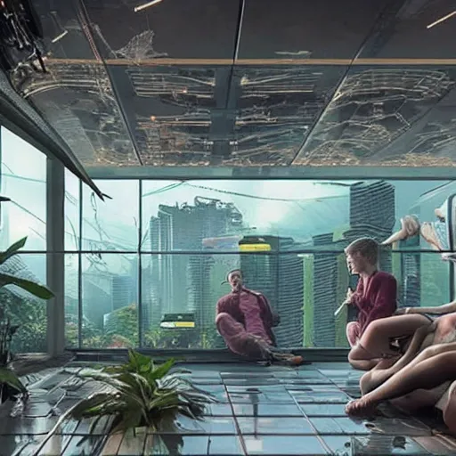 Image similar to a cinematic composition depicting : we're overlooking out of a window how high tech lush solarpunk tribe collaborating with their technologic android helpers are encroaching a cyberpunk resort sauna at sunrise, square lines, ghost in the shell, building architecture by santiago calatrava