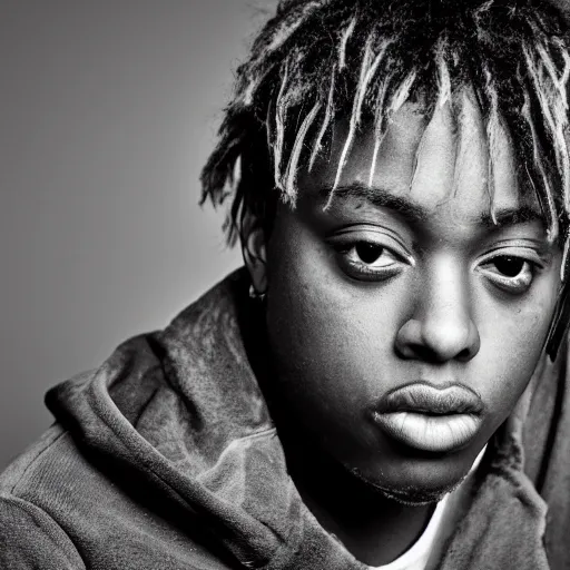 Prompt: the face of young juice wrld at 1 9 years old, black and white portrait by julia cameron, chiaroscuro lighting, shallow depth of field, 8 0 mm, f 1. 8