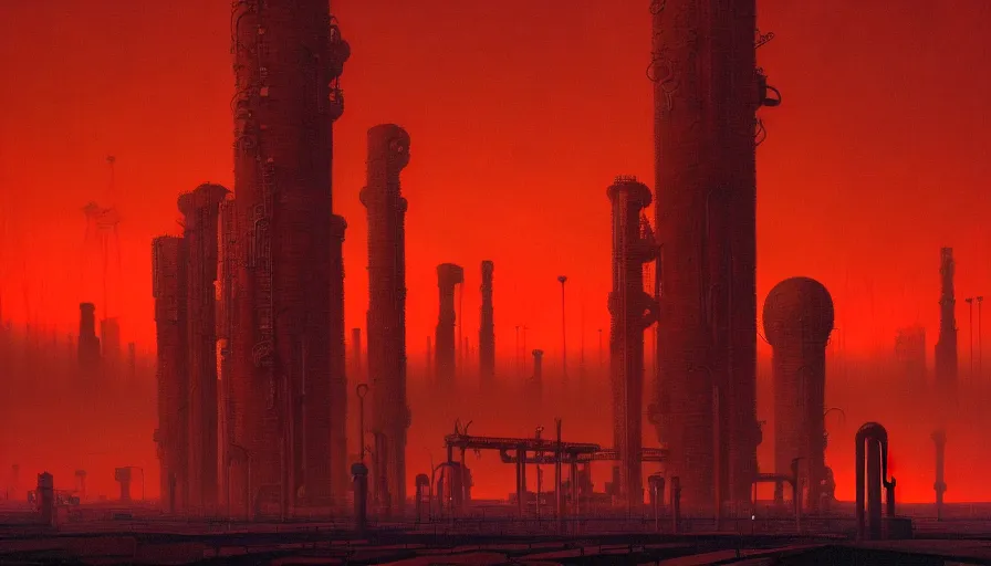 Image similar to a giant weird industrial zone with strange lights in the background, in the style of beksinski, by edward hopper and rodcenko and yue minjun and cory loftis, intricate and epic composition, red by caravaggio, highly detailed, masterpiece, artstation, art nouveau