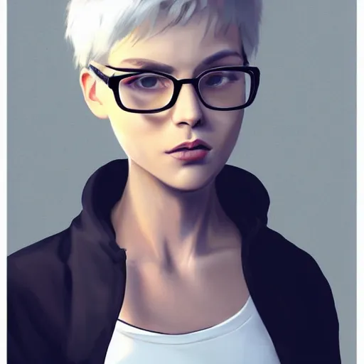 Prompt: concept art of a young punk girl with short white hair and black rimmed glasses. Trending on artstation.