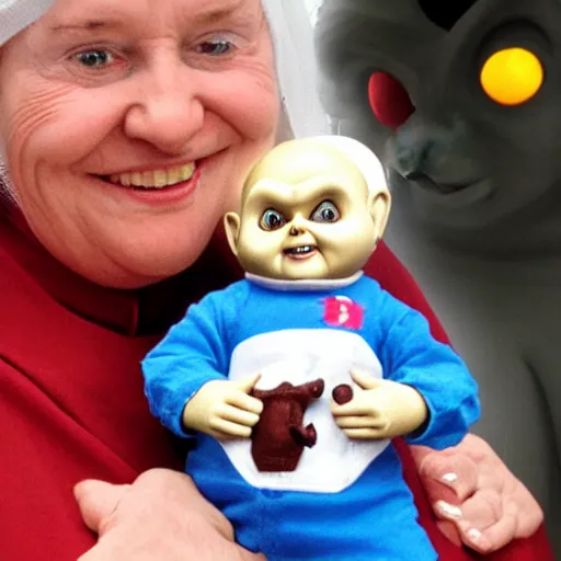 Image similar to a nun in church holding chucky the demonic evil killer doll on her lap