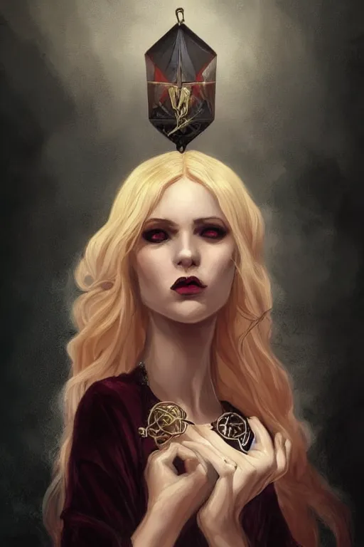 Prompt: tarot, beautiful wicked female occultist, sweeping ombre blonde hair, red eyes, portrait, high cheekbones, Victorian, black velvet dress, dark colors, magic Amulet, fantasy painting, trending in Artstation, GSociety, by Charlie Bowater, Brom, Bastien Lecouffe-Deharme