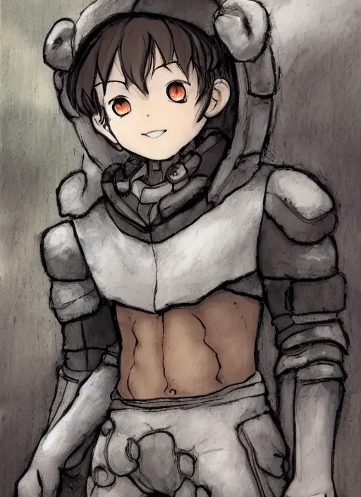 Image similar to beautiful little boy wearing an cyborg bear suit, artwork in kentaro miura and made in abyss and rosdraws, smooth, beautiful lightness, anatomically correct, trending on pixiv, forest