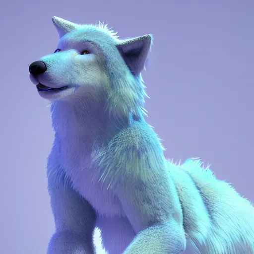 Prompt: 3 d render, well toned, large and tall, female, anthropomorphic wolf with a short snout, blue scales and fur with white spots and wings on her back, icey blue dress, furr covering her chest.