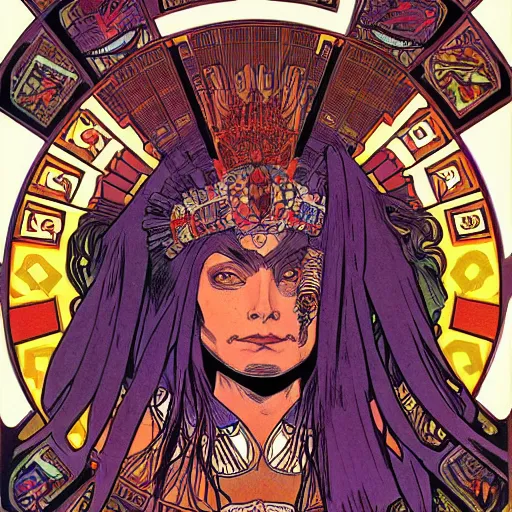 Image similar to portrait of mad aztec queen, symmetrical, by juan gimenez and moebius, alphonse mucha drawing, illustration, clear line