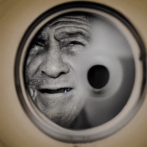 Image similar to a smiling old man seen through a peephole