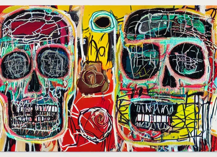 Prompt: bokeh roses growing out of one single skull by jean-michel basquiat, david choe and alex gray painting, intricately highly detailed art piece