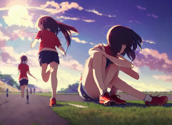 Image similar to high school runner girl, sunny sky background stadium landscape illustration concept art anime key visual trending pixiv fanbox by wlop and greg rutkowski and makoto shinkai and studio ghibli and kyoto animation symmetry red sports clothing marathon yellow running shoes number tag