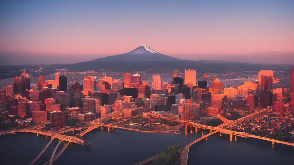 Image similar to an apocalyptic Pittsburgh, medium format photography taken from Mount Washington, Fuji velvia, 4k, golden hour