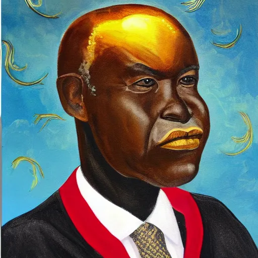 Image similar to a painting of a loving, caring fatherly wide forehead, aquiline nose, round face, XXL , generous, ever-present, humble, wise elder from Kenya in a silver suit and red tie by Wangechi Mutu . Fatherly/daddy, focused, loving, leader, relaxed. Gold background, heavenly lights, details, smooth, sharp focus, illustration, realistic, cinematic, artstation, award winning, rgb , unreal engine, octane render, cinematic light, macro, depth of field, blur, light and clouds, highly detailed epic cinematic concept art CG render made in Maya, Blender and Photoshop, octane render, excellent composition, dynamic dramatic cinematic lighting, aesthetic, very inspirational, arthouse.