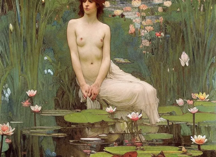 Prompt: a masterpiece painting of a beautiful faerie queen in a waterlily pond by john william waterhouse and alphonse mucha, wide angle, in frame, symmetrical, muted colors