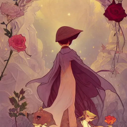 Image similar to the little prince, clear face, roses, foxes, poster, by andrei riabovitchev, shaun tan, alphonse mucha, and peter mohrbacher, trending on artstation, fairy tale cover