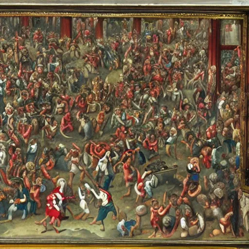 Prompt: where's wally in a crowd scene of, hellfire, demons, highly detailed
