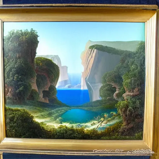 Image similar to painting of a lush natural scene on an alien planet by gerardo dottori. extremely detailed. futurism. beautiful landscape. weird vegetation. cliffs and water.
