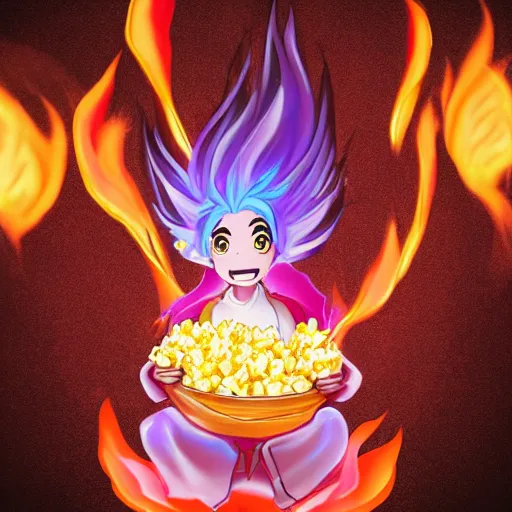 Image similar to fluffy strange popcorn elemental spirit anime character with a smiling face and flames for hair, sitting on a lotus flower, clean composition, symmetrical