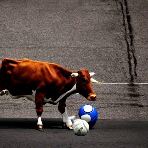 Image similar to a cow dribbling a basketball, cow, dribbling, basketball, award winning, photography, dramatic angle