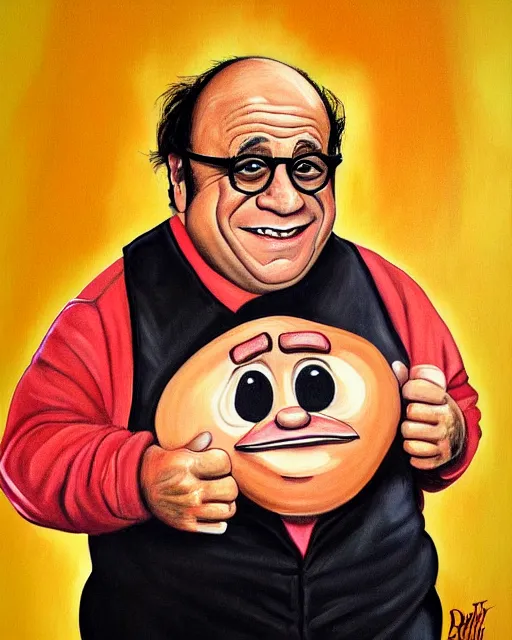 Image similar to painting portrait of danny devito as a rum ham, cartoon, warm lighting, danny devito has a rum ham body, danny devito's face on a rum ham. movie poster, trending on art station