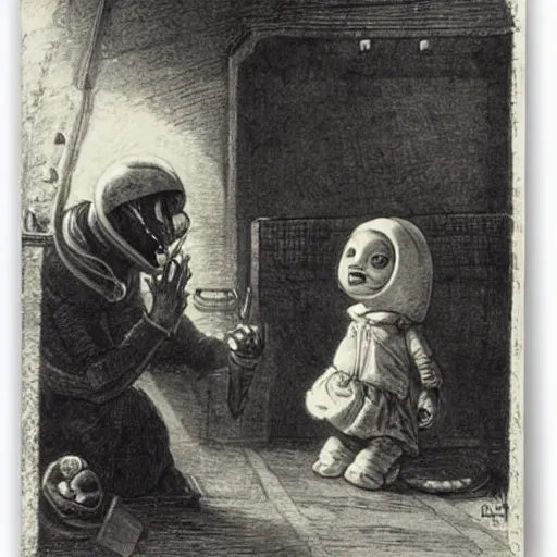 Image similar to alien kid see a human kid for the first time, maury, fink, aiken. by adriaen van ostade.