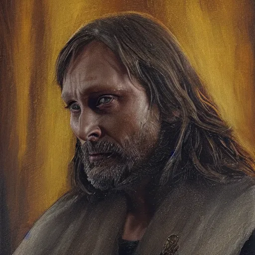 Prompt: mads mikkelsen as a norse god, oil painting