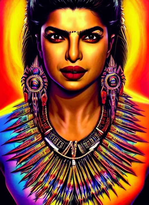 Image similar to portrait of priyanka chopra, hyper detailed ultra sharp aztec shaman warrior. trending on artstation, warpaint aesthetic, bloodwave, colorful, psychedelic, ornate, intricate, digital painting, concept art, smooth, sharp focus, illustration, art by artgerm and greg rutkowski and h. r. giger, 8 k