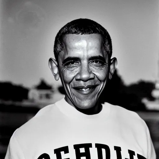 Prompt: riverdale still of obama wearing suspenders, a white varsity sweater with a varsity letter r, and a propeller cap, cap with a propeller on it, 1 9 5 0 s, color picture