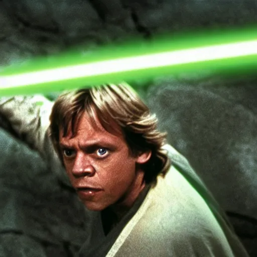 Image similar to a still from a film featuring mark hamill as jedi master luke skywalker, holding a green lightsaber by the hilt, yelling, 3 5 mm, directed by steven spielberg, 1 9 9 4